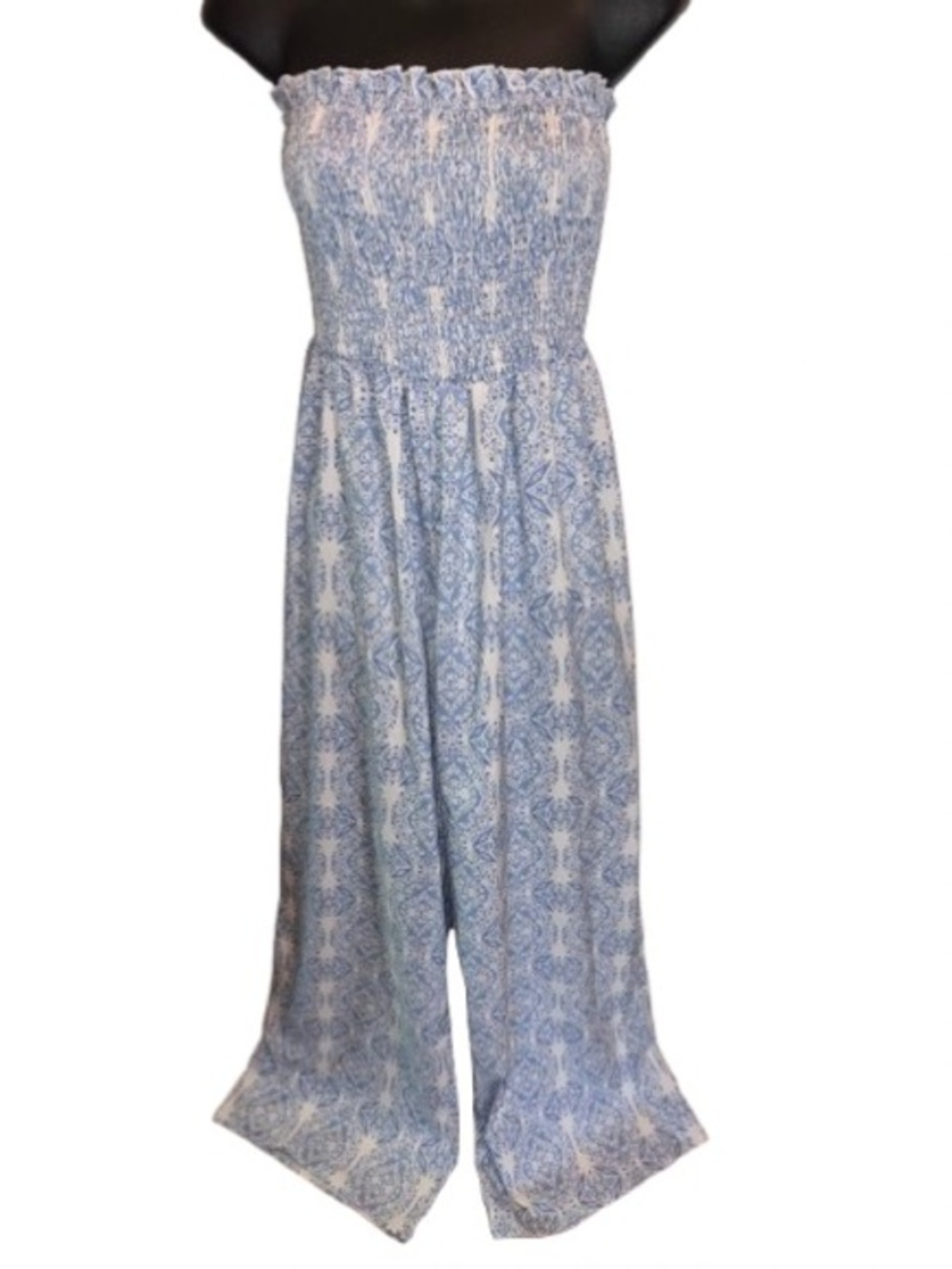 Salant Smocked Strapless Blue Pattern wide leg jumpsuit size M